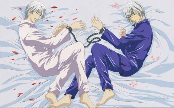 bangs barefoot bdsm bed bed_sheet bondage bound bound_wrists brothers chain closed_eyes cuffs feet from_above indoors kiryuu_ichiru kiryuu_zero lying male_focus multiple_boys nishida_asako official_art on_side open_mouth outstretched_arm pajamas petals short_hair siblings sleeping smile twins vampire_knight white_hair