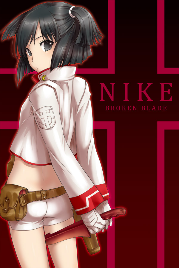 arms_behind_back ass bad_id bad_pixiv_id belt_pouch black_eyes black_hair break_blade butt_crack gloves holster knife looking_back midriff nike_(break_blade) pouch rakuto_mangan short_hair short_twintails solo twintails weapon