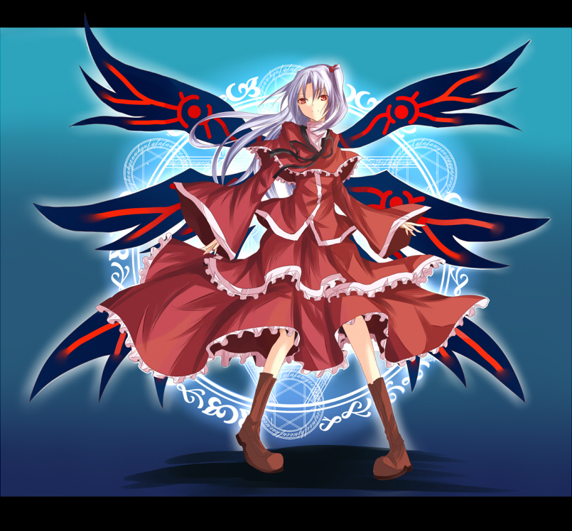 boots capelet hair_bobbles hair_ornament long_hair magic_circle multiple_wings ram_hachimin red_capelet red_eyes shinki side_ponytail silver_hair solo touhou wings