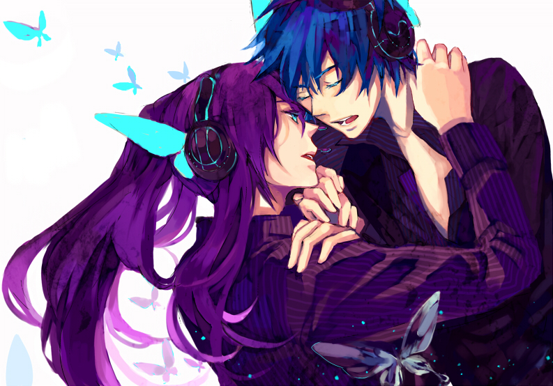 blue_hair bug butterfly butterfly_hair_ornament face-to-face hair_ornament insect kaito kamui_gakupo long_hair magnet_(vocaloid) male_focus multiple_boys ponytail purple_hair suohsuohsuohsuoh vocaloid yaoi