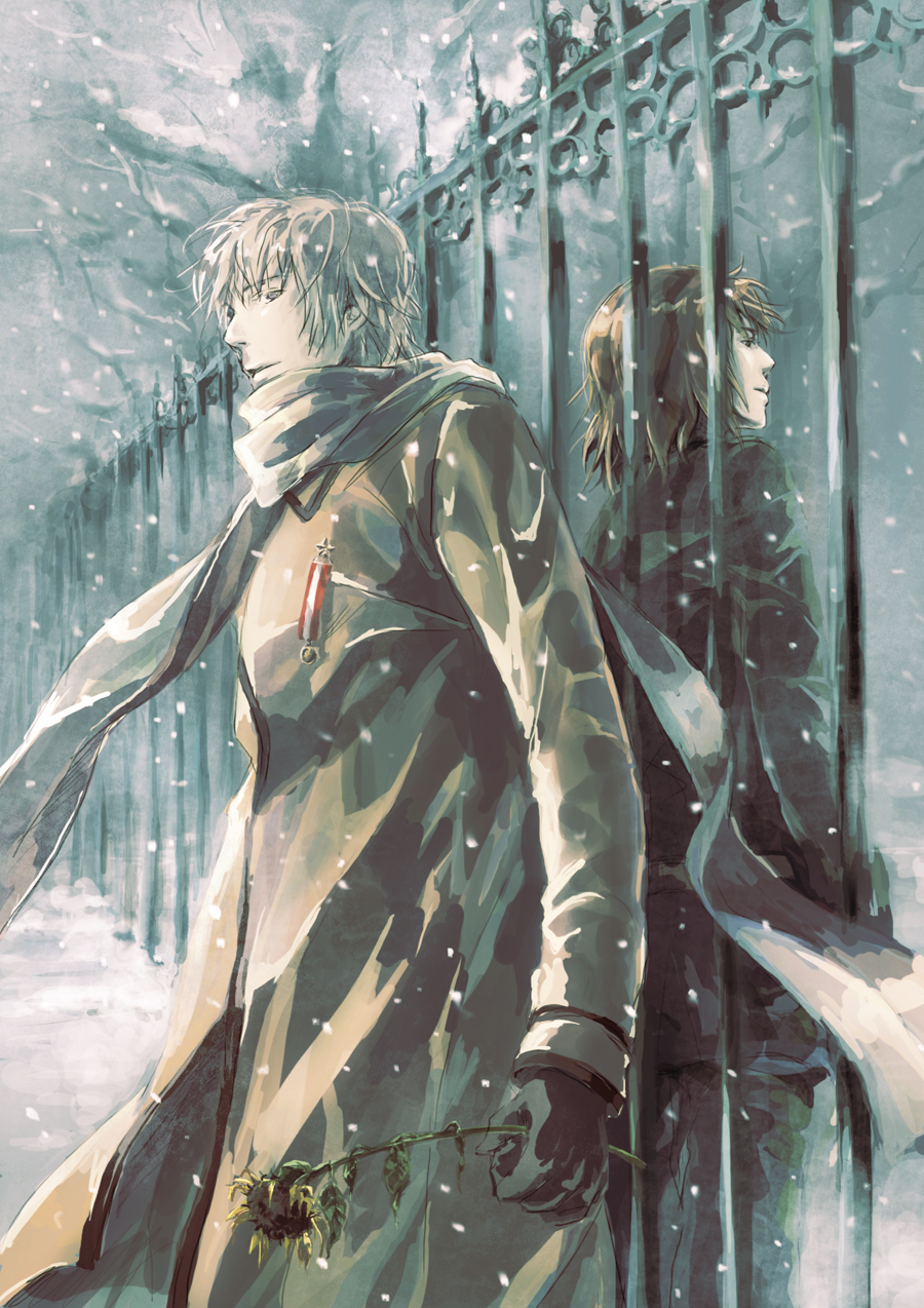 against_fence axis_powers_hetalia back-to-back bad_id bad_pixiv_id black_coat black_gloves blonde_hair brown_coat coat fence flower gloves grey grey_eyes grey_hair highres holding holding_flower ironwork kamamoto_(monotonecolor) lithuania_(hetalia) long_coat long_sleeves looking_away male_focus medal multiple_boys pale_skin russia_(hetalia) scarf snow snowing sunflower white_scarf wilted_flower winter winter_clothes