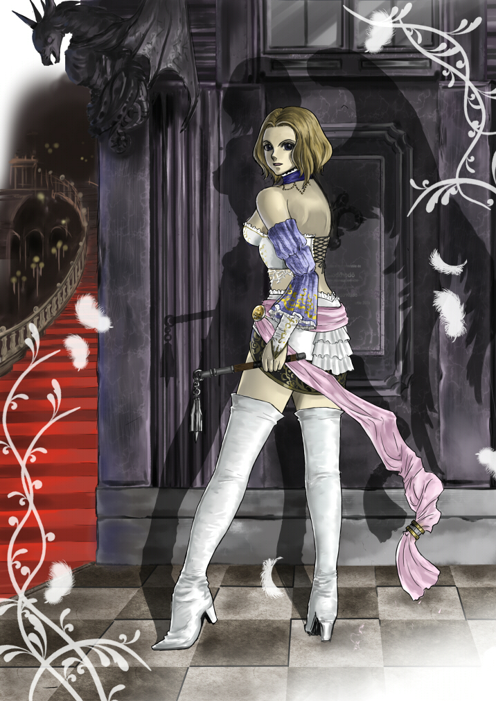 angel_wings angela_(castlevania) back bad_id bad_pixiv_id bare_shoulders blue_eyes bob_cut boots breasts bridal_gauntlets brown_hair castlevania castlevania_pachislot checkered choker corset crop_top detached_sleeves feathers from_behind high_heels looking_back mace medium_breasts midriff miniskirt night peony_(pixiv) sash shadow shoes short_hair sideboob silhouette skirt smile solo stairs standing statue thigh_boots thighhighs wavy_hair weapon white_legwear wings