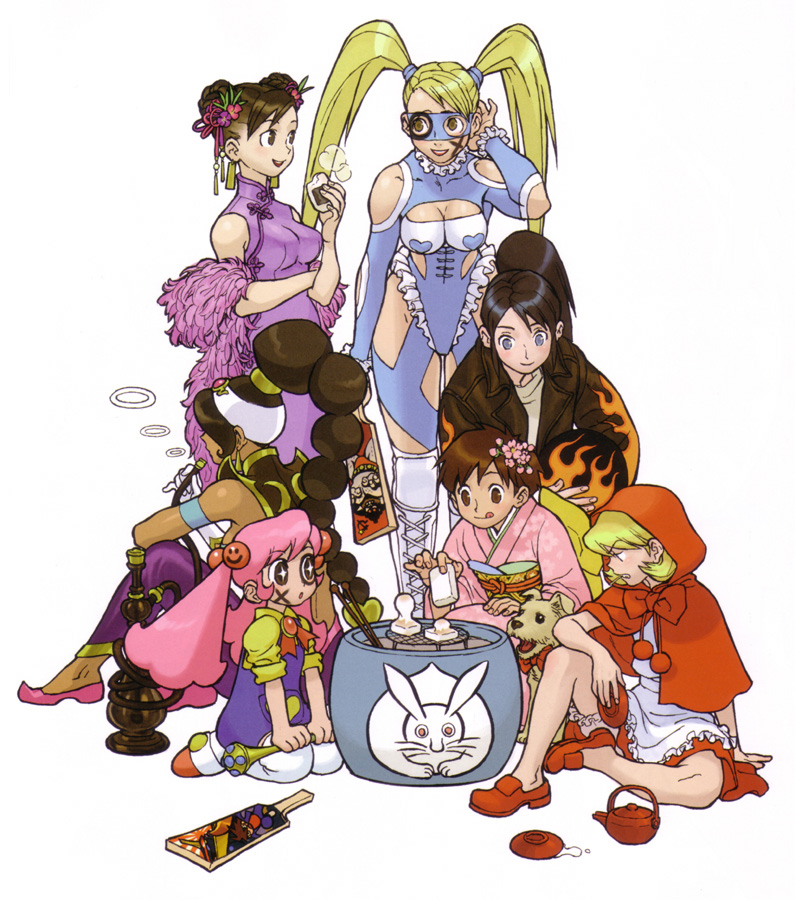 :q alternate_costume alternate_hairstyle artist_request blonde_hair blue_eyes braid breasts brown_hair bulleta capcom china_dress chinese_clothes choukou_senki_kikaiou chun-li claire_redfield cleavage cleavage_cutout cooking crossover dog dress earrings facepaint feather_boa flame_print flower food hair_flower hair_ornament hair_up headwear_removed heart helmet helmet_removed hookah jacket japanese_clothes jewelry kasugano_sakura kimono large_breasts leather leather_jacket long_hair mask mochi multiple_girls no_socks pink_hair pollin ponytail power_stone rainbow_mika red_dress resident_evil rouge_(power_stone) single_braid sitting street_fighter tongue tongue_out twintails vampire_(game) wagashi wrestling_outfit