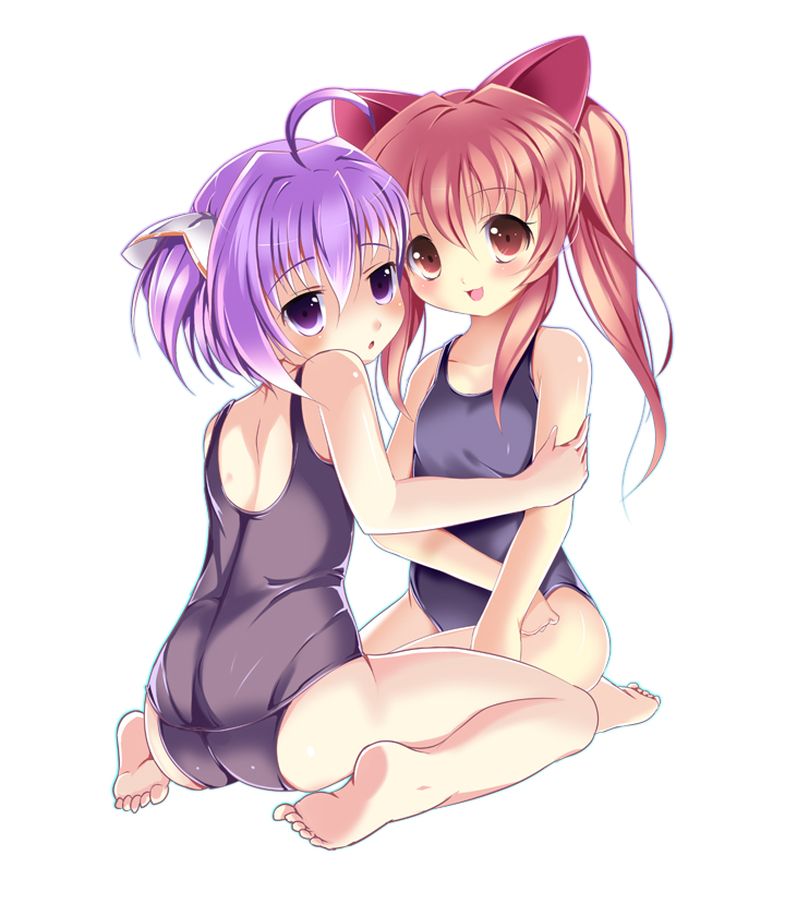 :d ahoge aloe_(quiz_magic_academy) animal_ears ass bad_id bad_pixiv_id barefoot brown_eyes brown_hair cat_ears feet long_hair looking_back multiple_girls myu_(quiz_magic_academy) one-piece_swimsuit open_mouth purple_eyes purple_hair quiz_magic_academy school_swimsuit short_hair sitting smile swimsuit sys.ao twintails two_side_up wariza