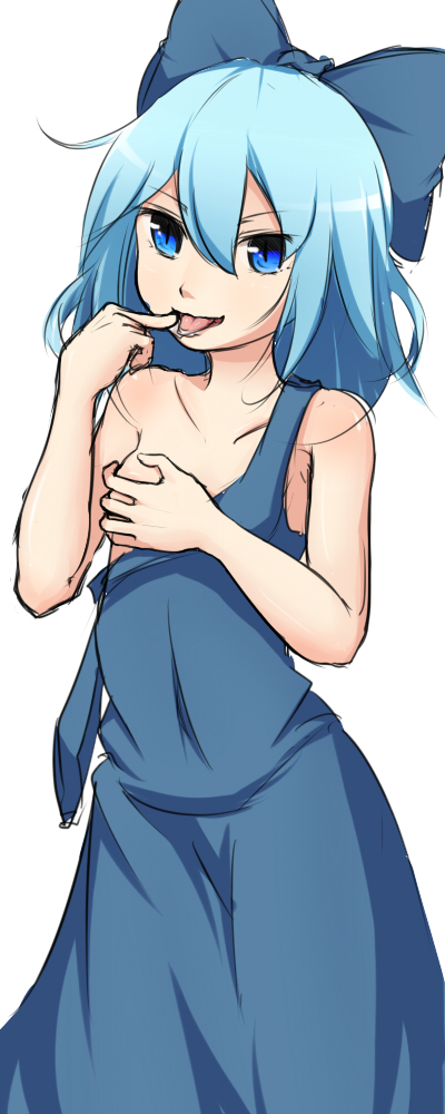 bad_id bad_pixiv_id bare_shoulders blue_eyes blue_hair bow cirno covering covering_breasts finger_licking flat_chest hair_bow kinakomoti licking looking_at_viewer naughty_face off_shoulder short_hair simple_background solo tongue touhou
