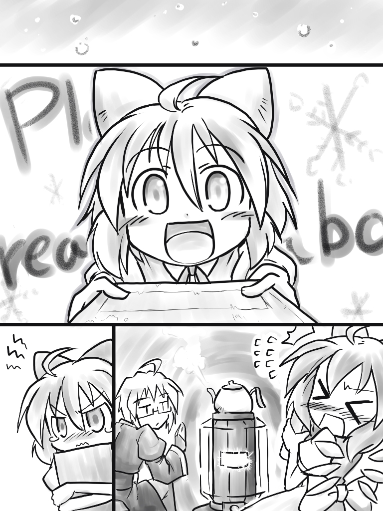&gt;_&lt; 1girl ahoge blush book bow cirno close-up closed_eyes comic english flying_sweatdrops futa_(nabezoko) greyscale hair_bow ice ice_wings monochrome morichika_rinnosuke short_hair snow snowflakes steam stove teapot tearing_up tears touhou wavy_mouth wings