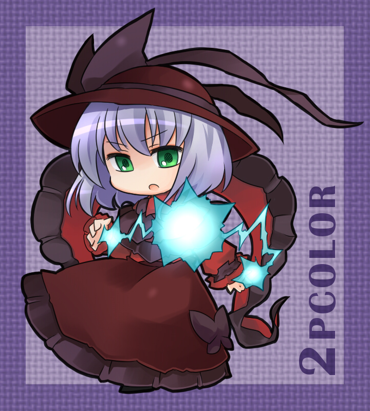 alternate_color bad_id bad_tinami_id chibi dress electricity frills green_eyes hat hat_ribbon nagae_iku no_nose open_mouth player_2 pote_(ptkan) purple_hair ribbon shawl short_hair skirt solo sparkle touhou