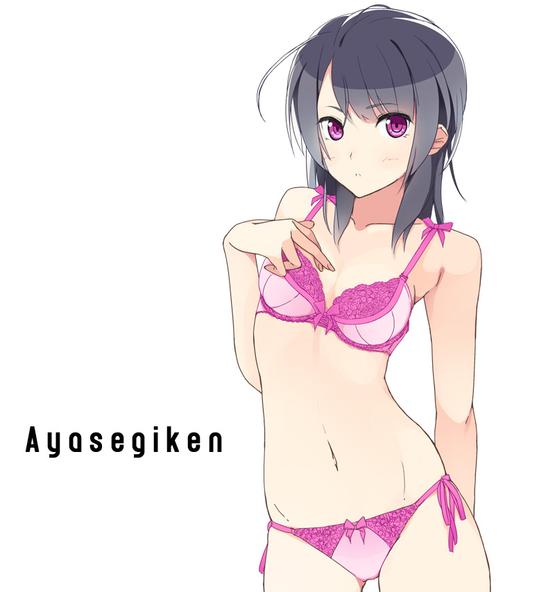 ayase_(ayasegiken) bangs bare_arms bare_shoulders black_hair blush bow bow_panties bra collarbone eyebrows_visible_through_hair hand_on_own_chest lace lace-trimmed_bra lace-trimmed_panties lingerie looking_at_viewer navel original panties pink_bra pink_panties purple_eyes side-tie_panties simple_background solo standing underwear underwear_only white_background