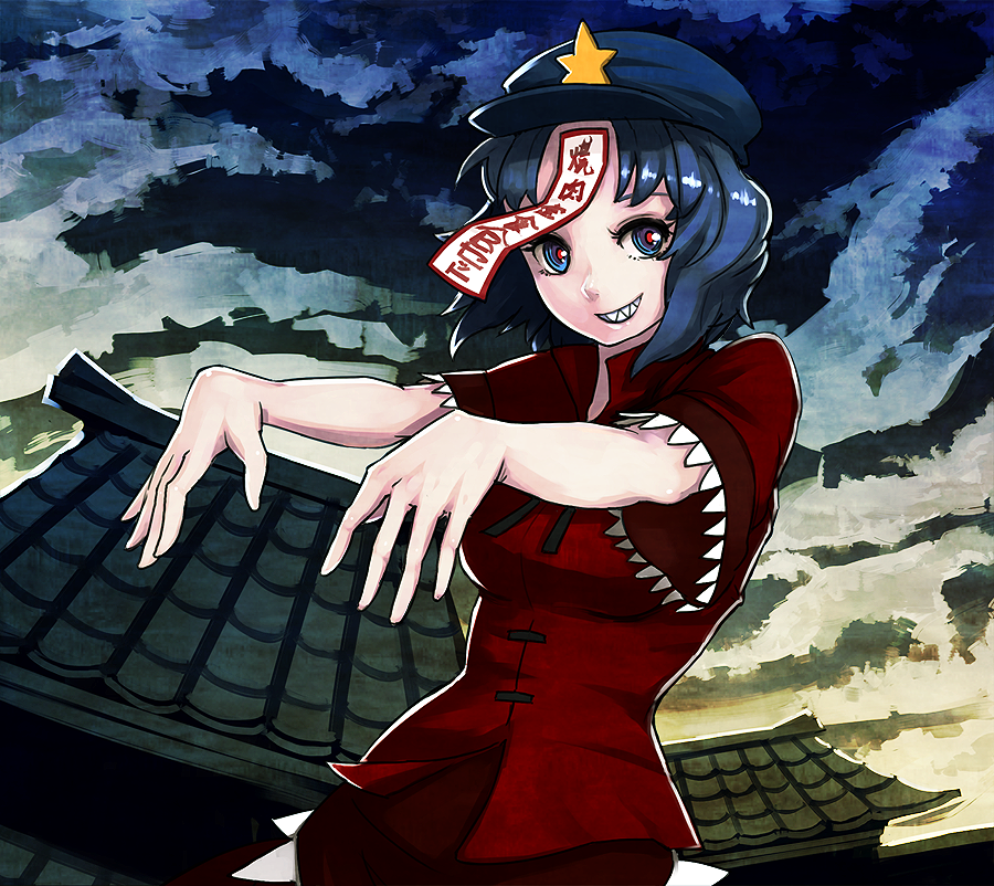 blue_eyes blue_hair breasts building chinese_clothes face foreshortening grin hands hat medium_breasts miyako_yoshika nosuku ofuda outstretched_arms short_hair smile solo star teeth touhou zombie_pose