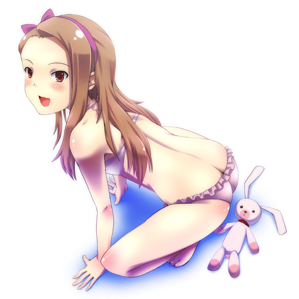:d all_fours arm_support ass bad_id bad_pixiv_id bare_shoulders barefoot bikini blush brown_hair butt_crack full_body hairband idolmaster idolmaster_(classic) idolmaster_2 inuga_anahoru long_hair minase_iori open_mouth red_eyes simple_background smile solo stuffed_animal stuffed_bunny stuffed_toy swimsuit