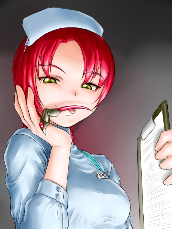 ^jj^ breasts claws clipboard finger_licking green_eyes grin hat licking medium_breasts my-hime name_tag nurse nurse_cap red_hair smile solo tongue yuuki_nao