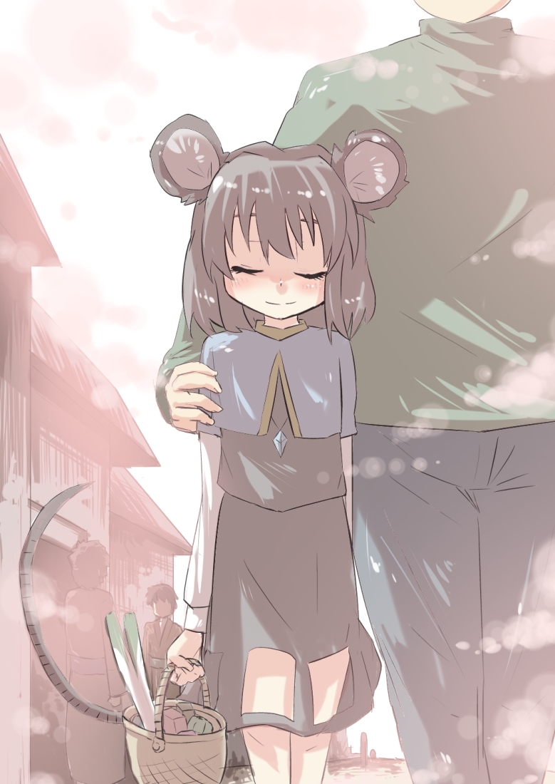 animal_ears arm_around_neck basket check_translation closed_eyes commentary gaoo_(frpjx283) good_end grey_hair head_out_of_frame height_difference hetero jewelry long_sleeves mouse_ears mouse_tail nazrin necklace pants pendant shirt short_hair skirt smile spring_onion tail touhou translated translation_request walking