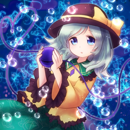 bad_id bad_pixiv_id blue_eyes bubble dress frills hat heart heart-shaped_pupils heart_of_string komeiji_koishi looking_at_viewer nunucco open_mouth short_hair silver_hair solo sun_hat symbol-shaped_pupils third_eye touhou