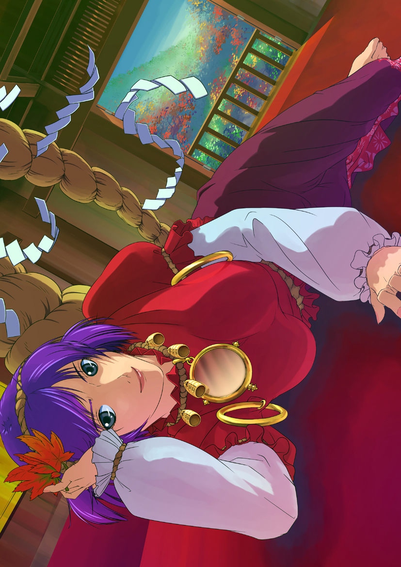 bad_id bad_pixiv_id barefoot bell breasts green_eyes hair_ornament jewelry large_breasts leaf lying manabu_adachi mirror necklace on_side purple_hair rope shide shimenawa shirt smile solo taut_clothes taut_shirt touhou tree yasaka_kanako