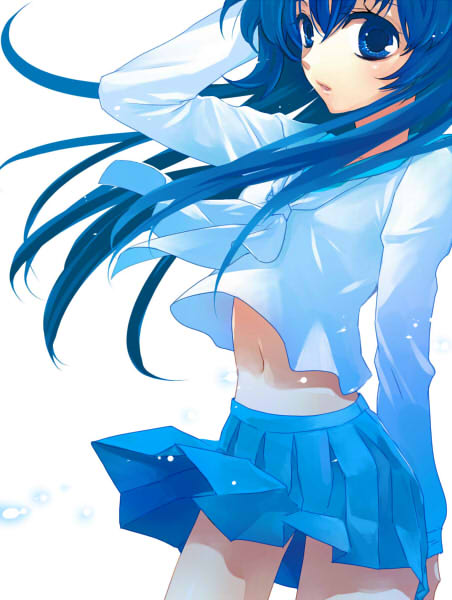 blue_eyes blue_hair kawazoe_mariko long_hair midriff navel original school_uniform serafuku skirt solo wind