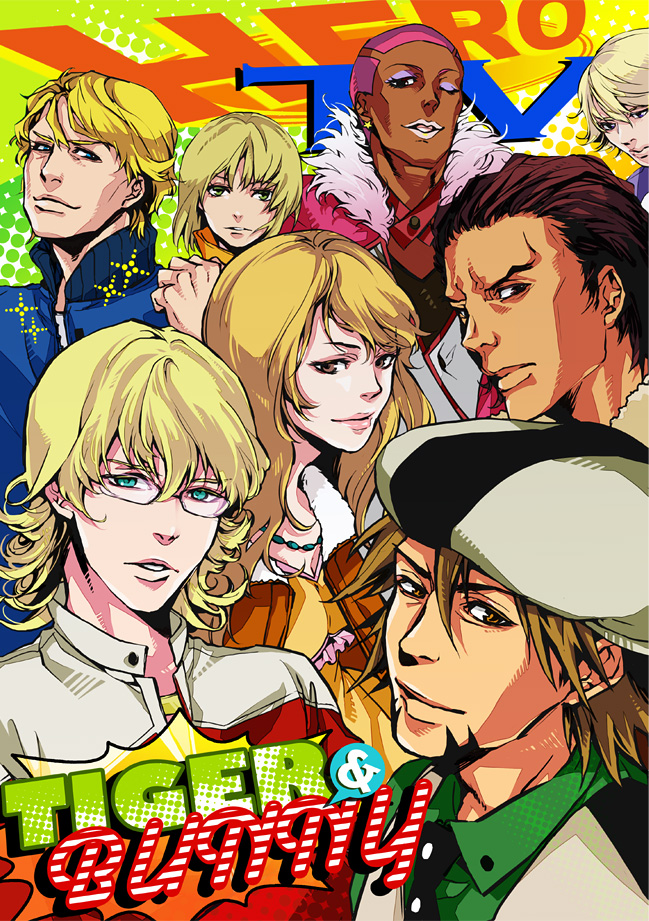 6+boys antonio_lopez bad_id bad_pixiv_id barnaby_brooks_jr blonde_hair blue_eyes blue_jacket bomber_jacket brown_eyes brown_hair bruce_lee's_jumpsuit cabbie_hat dark_skin dress earrings facial_hair glasses green_eyes hat huang_baoling ivan_karelin jacket jewelry kaburagi_t_kotetsu karina_lyle keith_goodman lipstick long_hair makeup multiple_boys multiple_girls nathan_seymour necklace necktie nico-mond pink_eyes pink_hair purple_eyes red_jacket short_hair sparkle stubble tiger_&amp;_bunny vest waistcoat