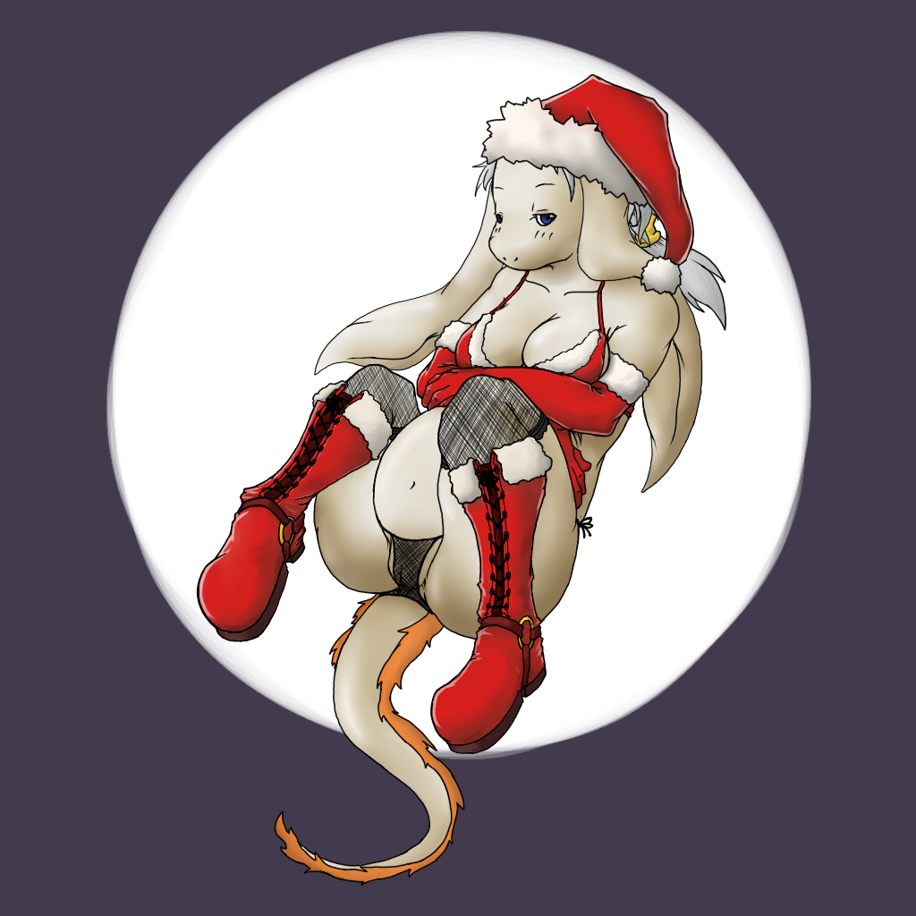 bangaa blue_eyes boots breasts camel_toe christmas christmas_hat cleavage clothed clothing female final_fantasy hair hat holidays legwear looking_at_viewer lying nu_mou on_back pregnant sitting solo stockings video_games white_hair