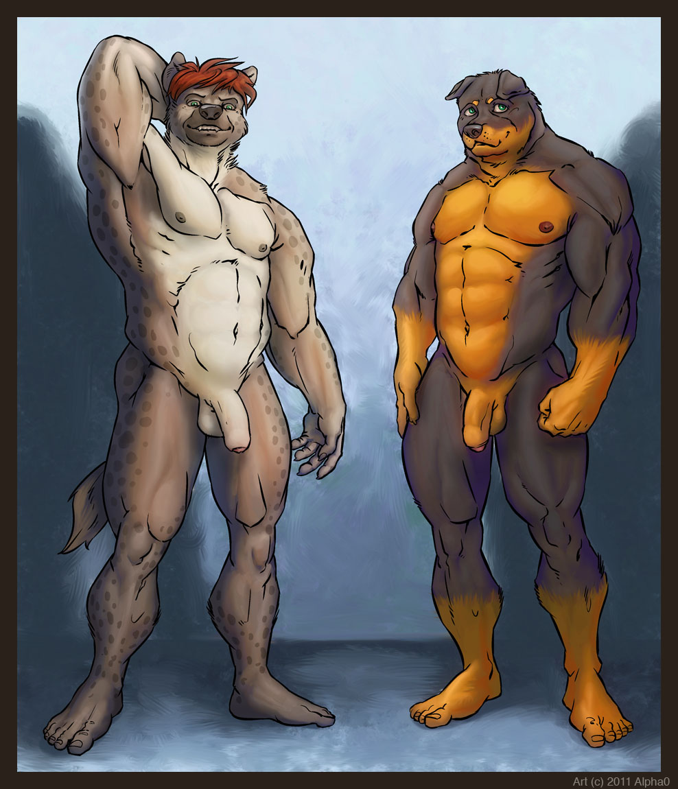 alpha0 anthro armpits balls biceps big_muscles big_penis brown_fur canine claws dog duo flaccid fur gay green_eyes hair hyena looking_at_viewer male mammal muscles nude pecs penis pose red_hair rottweiler standing uncut