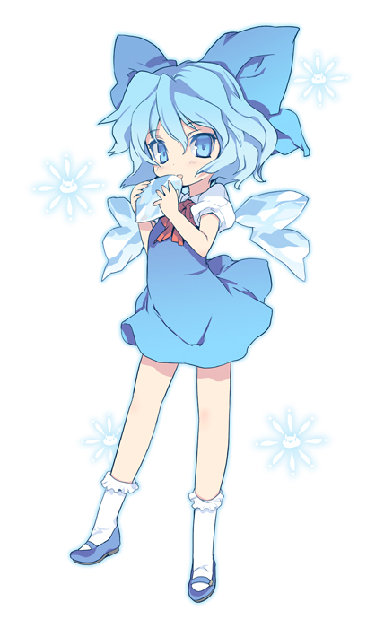 bad_id bad_pixiv_id blade_(galaxist) blue blue_dress blue_eyes blue_hair blush bobby_socks bow cirno dress fairy full_body hair_bow holding ice looking_at_viewer mary_janes shoes short_hair snowflakes socks solo touhou white_background white_legwear wings