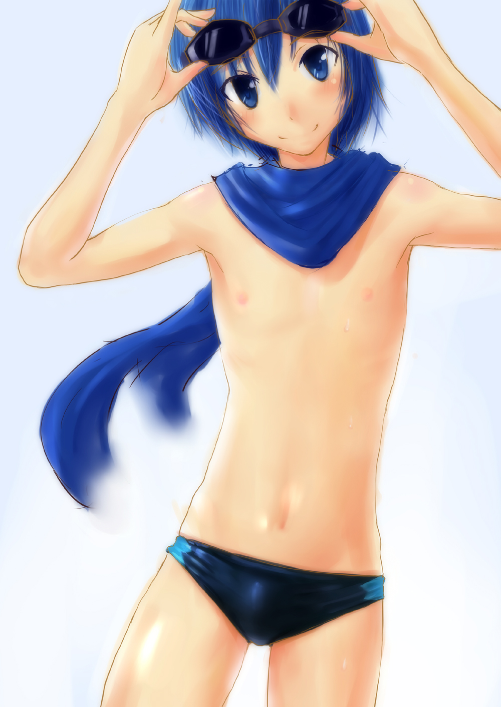 bad_id bad_pixiv_id blue_eyes blue_hair blue_scarf goggles goggles_on_head highres kaito male_focus male_swimwear project_diva_(series) project_diva_2nd scarf solo swim_briefs swimwear swimwear_(module) swimwear_v_(module) tamago_(irahai) vocaloid