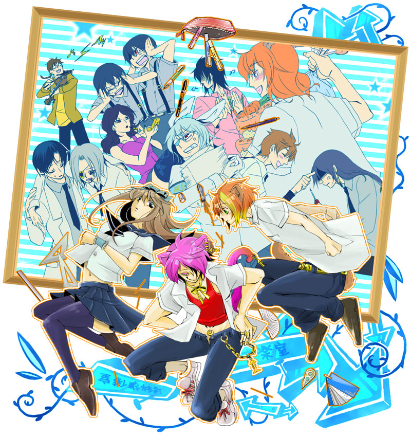 6+boys ^_^ ace_(kuni_no_alice) alice_liddell alternate_costume alternate_hair_color alternate_hairstyle anger_vein animal_ears annoyed armband arms_up bag belt black_hair blonde_hair blood blood_dupre blue_hair blue_legwear blush blush_stickers boris_airay bow brown_hair bunny_ears cake carrot cat_ears cat_tail chain clenched_teeth closed_eyes colored_eyelashes compact cosmetics covering_ears dee_(kuni_no_alice) denim directional_arrow dress_shirt dum_(kuni_no_alice) ear_piercing earrings elliot_march everyone eyepatch fingernails floating food frame glasses gloves gray_ringmarc green_eyes hair_bow hair_intakes hair_over_one_eye hand_on_hip happy heart heart_no_kuni_no_alice highlights instrument jeans jewelry julius_monrey leaning leaning_back leaning_forward lipstick lipstick_tube loafers long_fingernails long_hair long_sleeves looking_away makeup mary_gowland mechanical_pencil miniskirt mouse_ears mouse_tail multicolored_hair multiple_boys multiple_girls musical_note navel navel_piercing necktie nightmare_gottschalk open_clothes open_fly open_mouth open_shirt orange_hair outline pain pants pen pencil pierce_villiers piercing pink_hair pleated_skirt purple_hair red_eyes ring ruler school_uniform serafuku shaded_face shirt shoes short_hair short_sleeves siblings sick silver_hair skirt sleeveless smile sneakers star striped striped_background suspenders sweat tail tank_top tattoo tears teeth thighhighs totsuno_(rclc) tweedle_dee_(kuni_no_alice tweedle_dum_(kuni_no_alice) twins unzipped violin vivaldi wavy_hair white_hair wince wristband zettai_ryouiki