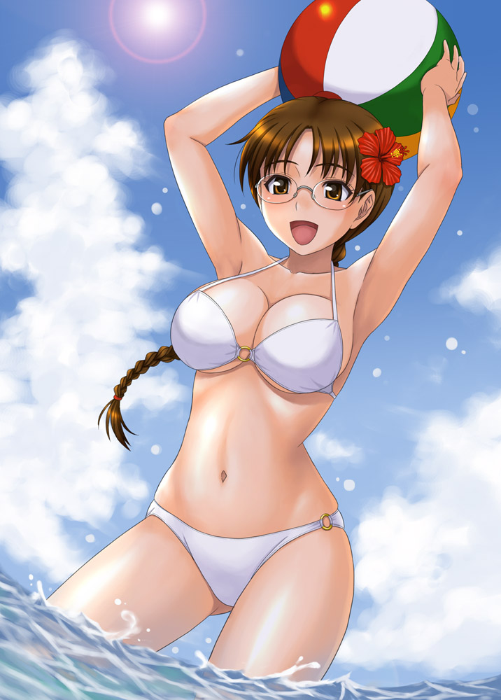armpits arms_up ball beachball bikini braid breasts brown_eyes brown_hair cloud day flower glasses hair_flower hair_ornament hibiscus hida_tatsuo hoshina_tomoko large_breasts lens_flare navel o-ring o-ring_bottom o-ring_top ocean skindentation sky solo swimsuit thighs to_heart underboob wading water white_bikini
