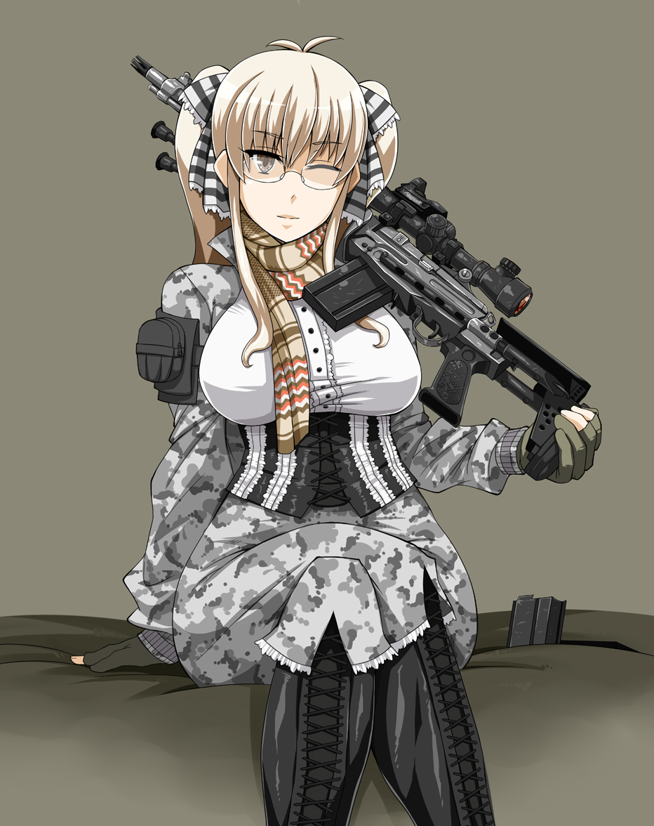 battle_rifle bipod blonde_hair boots breasts brown_eyes corset crossed_legs enoshima_iki fingerless_gloves glasses gloves gun large_breasts long_hair m14 military mk_14_ebr one_eye_closed original rifle scarf scope shirt sitting smile sniper_rifle solo taut_clothes taut_shirt twintails weapon