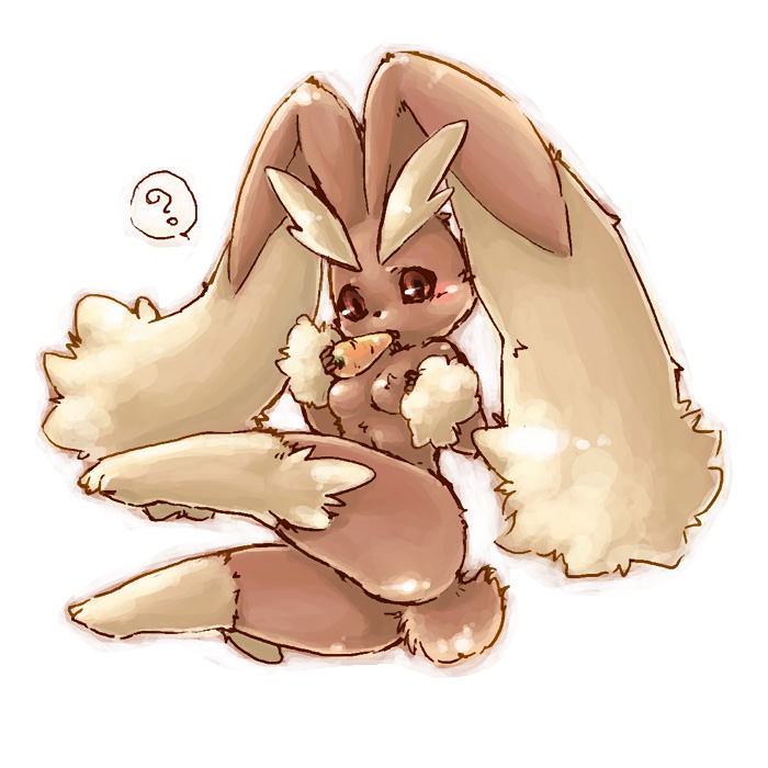 anthro breasts butt carrot eating female genia lagomorph looking_at_viewer lopunny mammal nintendo nipples nude plain_background pok&#233;mon pok&eacute;mon rabbit simple_background solo video_games