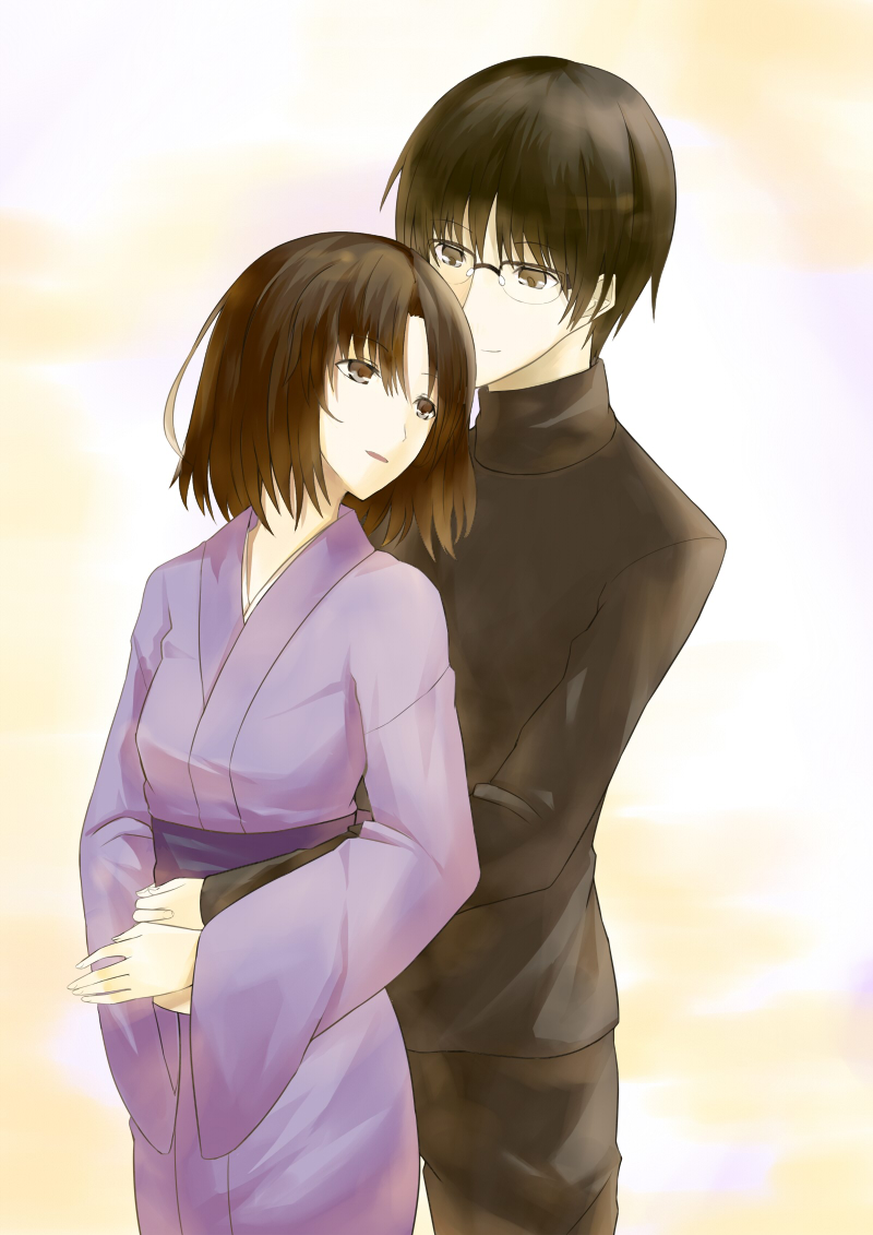 1girl black_hair brown_eyes brown_hair couple glasses hetero hug hug_from_behind japanese_clothes kara_no_kyoukai kauto kimono kokutou_mikiya obi ryougi_shiki sash short_hair