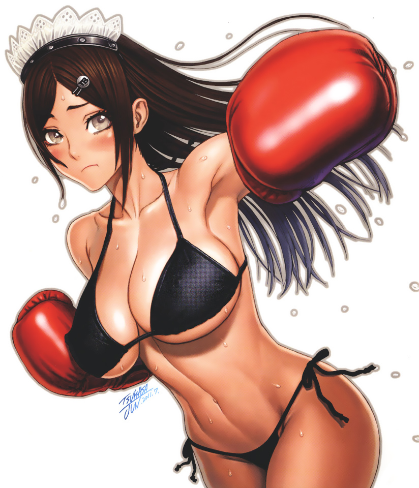 abs armpits artist_name bikini black_bikini blush boxing boxing_gloves breasts brown_eyes brown_hair cleavage cowboy_shot dripping hair_ornament hairclip headdress large_breasts long_hair maid_headdress navel original outline outstretched_arm pout punching_at_viewer side-tie_bikini simple_background solo sweat swimsuit tsukasa_jun underboob white_background