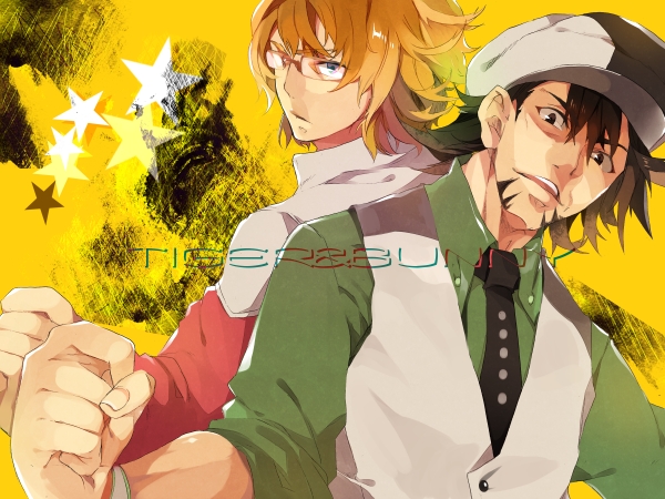 back-to-back bad_id bad_pixiv_id barnaby_brooks_jr blonde_hair blue_eyes brown_eyes brown_hair cabbie_hat facial_hair glasses green_eyes hat hyakuhachi_(over3) jacket jewelry kaburagi_t_kotetsu male_focus multiple_boys necklace necktie red_jacket stubble tiger_&amp;_bunny vest waistcoat