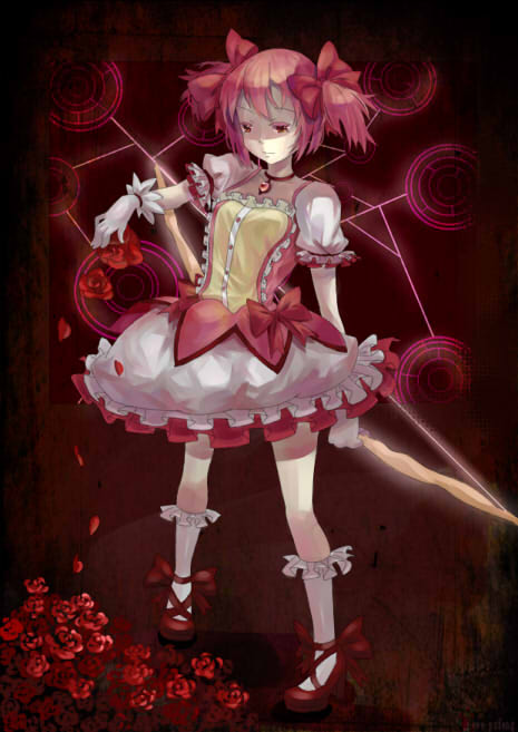 bad_id bad_pixiv_id bow_(weapon) bubble_skirt choker cross-laced_footwear flower gloves humanlynn kaname_madoka kneehighs magical_girl mahou_shoujo_madoka_magica mary_janes pink_eyes pink_hair puffy_sleeves red_background rose shoes short_twintails skirt solo twintails weapon white_gloves white_legwear