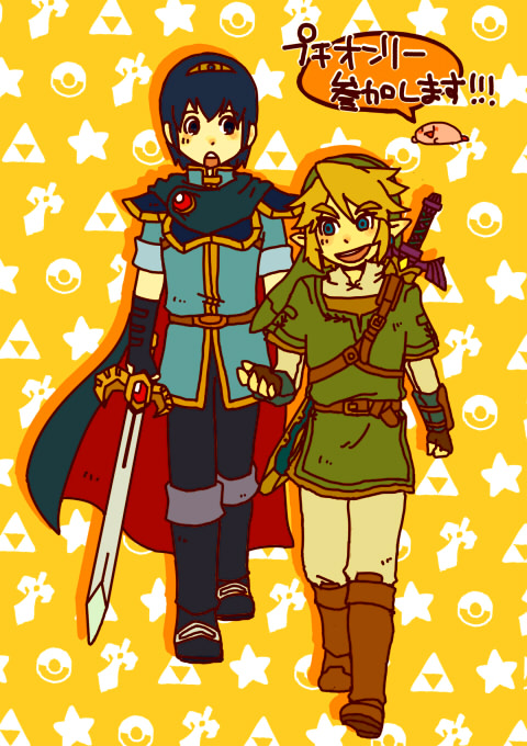 black_eyes blonde_hair blue_eyes blue_hair cape fingerless_gloves fire_emblem gloves hat kirby kirby_(series) link marth motimamire multiple_boys open_mouth pointy_ears super_smash_bros. sword the_legend_of_zelda the_legend_of_zelda:_twilight_princess tiara translated weapon