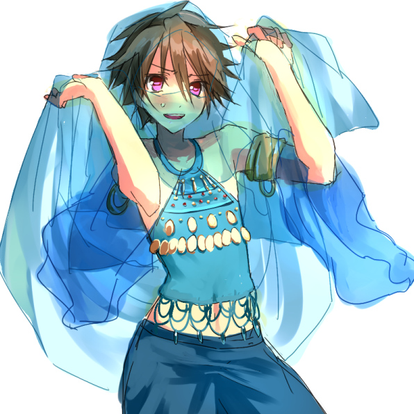 armlet bad_id bad_pixiv_id brown_hair coin_(ornament) crossdressing gypsy halterneck jewelry kobayashi_asuka kyoumo_baito male_focus open_mouth purple_eyes solo steal! sweatdrop veil white_background