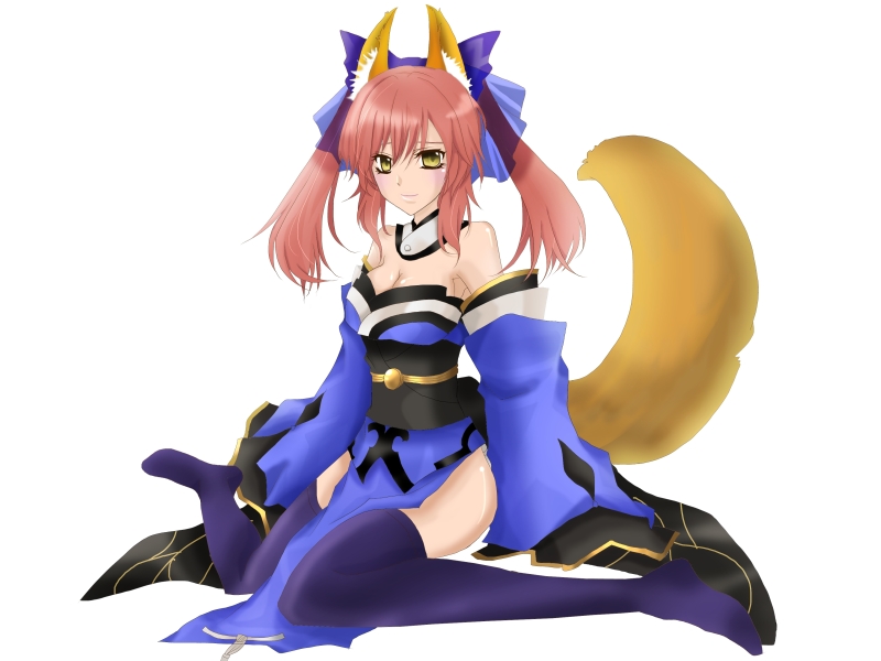 animal_ears bad_id bad_pixiv_id bare_shoulders blue_legwear breasts cleavage detached_sleeves fate/extra fate/stay_night fate_(series) fox_ears fox_tail japanese_clothes medium_breasts pink_hair s-ei simple_background sitting solo tail tamamo_(fate)_(all) tamamo_no_mae_(fate) thighhighs twintails wariza white_background yellow_eyes