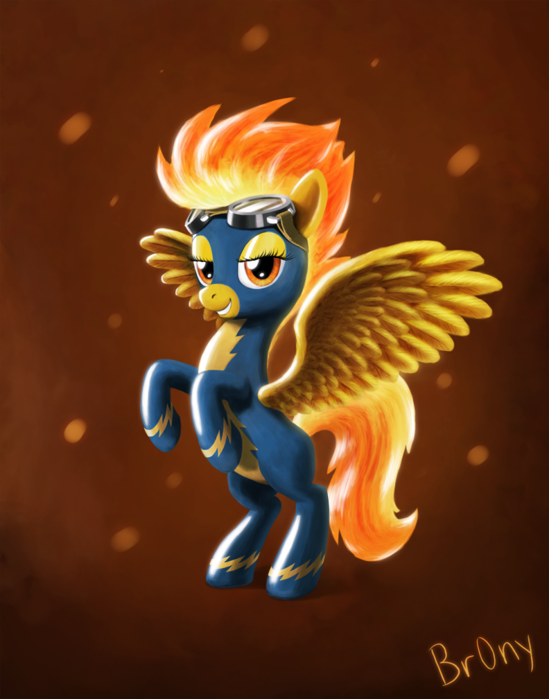 br0ny costume equine female friendship_is_magic goggles horse my_little_pony orange_eyes orange_hair pegasus pony solo spitfire suit the_wonderbolts wings yellow_body
