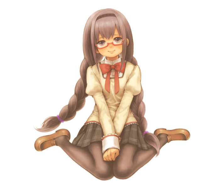 akemi_homura black_hair braid cocoa-6m glasses lips long_hair mahou_shoujo_madoka_magica pantyhose red-framed_eyewear school_uniform sitting smile solo twin_braids wariza