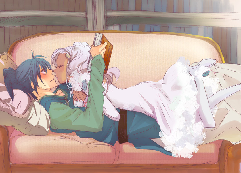 1girl blue_eyes blue_hair blush book closed_eyes couch couple dark_skin dress embarrassed f-tani hair_ornament hetero imminent_kiss keele_zeibel long_hair lying meredy on_person pantyhose pillow ponytail purple_hair smile tales_of_(series) tales_of_eternia white_legwear