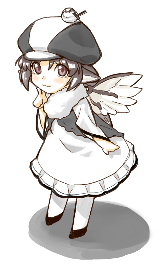 :3 alternate_costume alternate_hair_color animal animal_ears animal_on_head bad_id bad_pixiv_id bird bird_on_head chibi dress finger_to_face grey_dress hat multicolored multicolored_clothes multicolored_dress mystia_lorelei on_head pink_eyes shiba_itsuki short_hair silver_hair simple_background solo sparrow standing touhou white_background white_dress wings