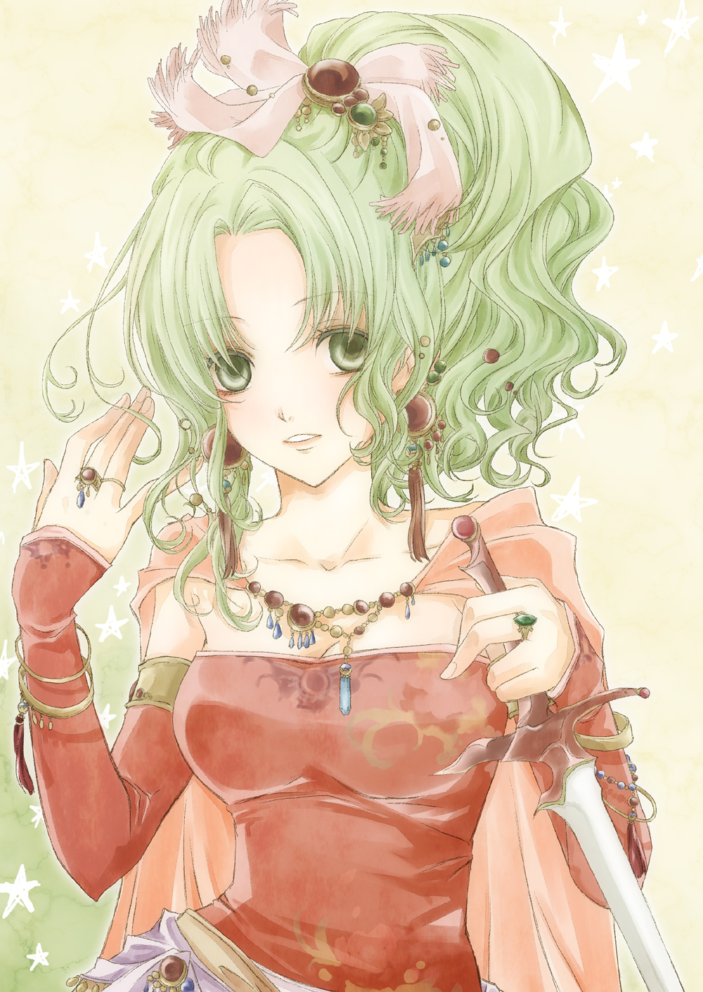 bracelet breasts cape earrings elbow_gloves final_fantasy final_fantasy_vi fingerless_gloves gloves green_eyes green_hair hair_ornament hair_ribbon highres jewelry long_hair medium_breasts ponytail ribbon ring smile solo sword tina_branford weapon yzkring