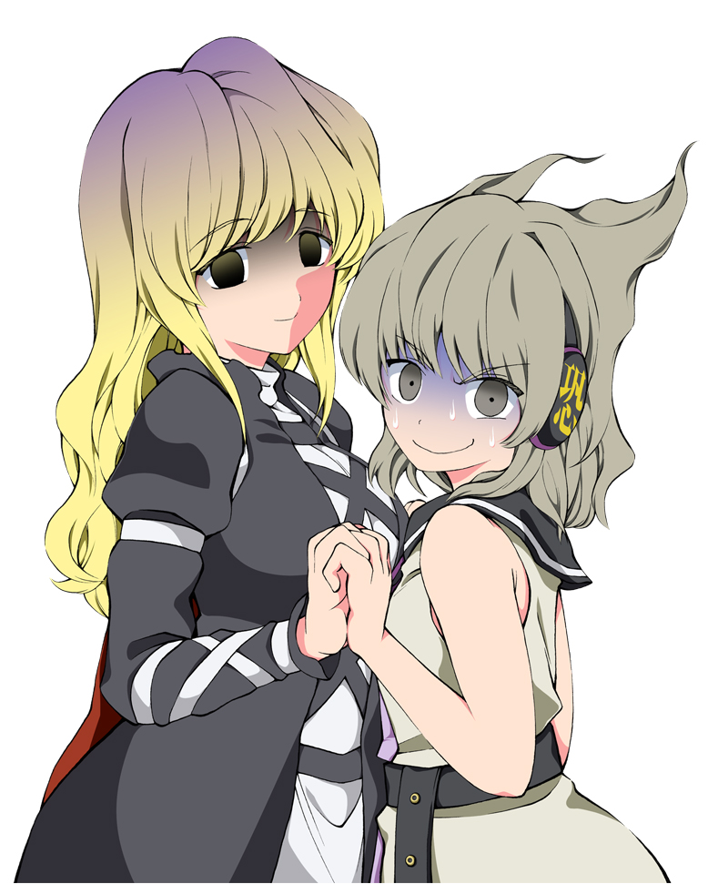 asymmetrical_docking bad_id bad_pixiv_id blonde_hair breast_press breasts empty_eyes expressive_clothes fuantei gradient_hair grey_hair hijiri_byakuren holding_hands interlocked_fingers large_breasts multicolored_hair multiple_girls purple_hair scared shaded_face short_hair sweat touhou toyosatomimi_no_miko turn_pale two-tone_hair you_gonna_get_raped