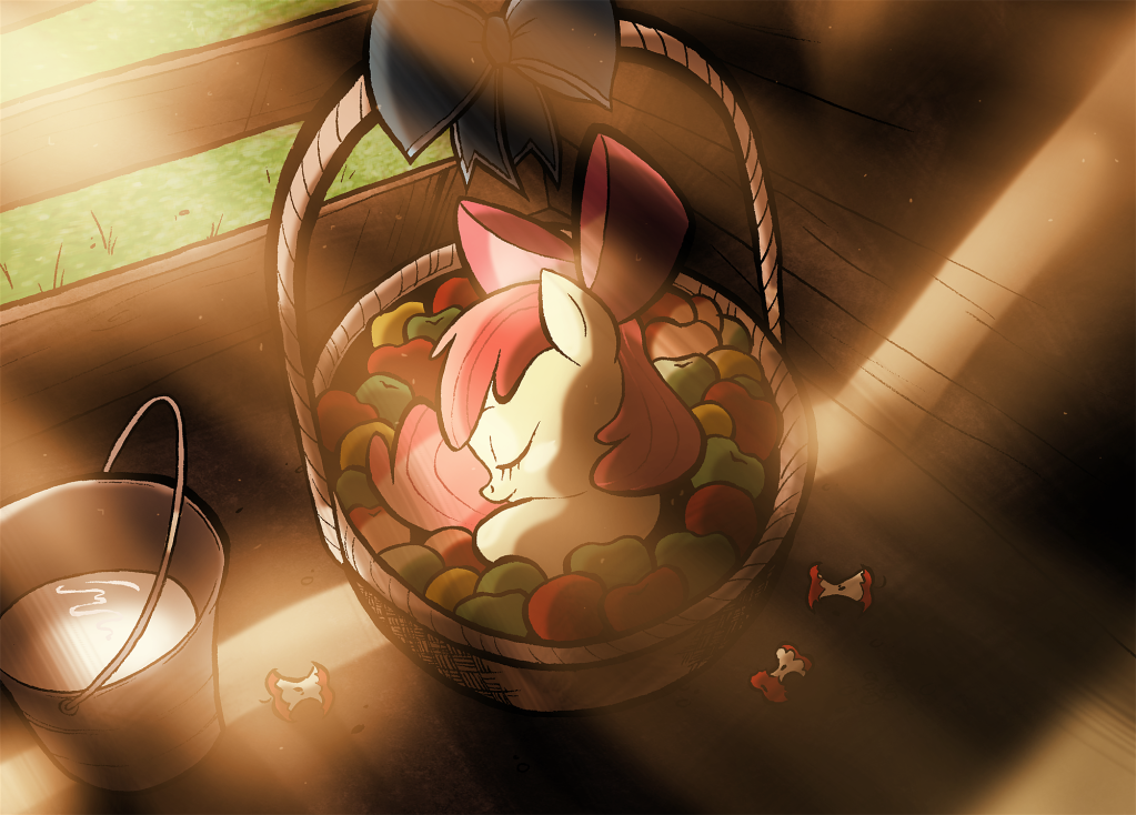 apple_bloom_(mlp) applebloom basket bow bucket cub earth_pony equine female feral foal friendship_is_magic fruit hair horse mammal my_little_pony pony red_hair sleeping solo sunlight willdrawforfood1 yellow_body young