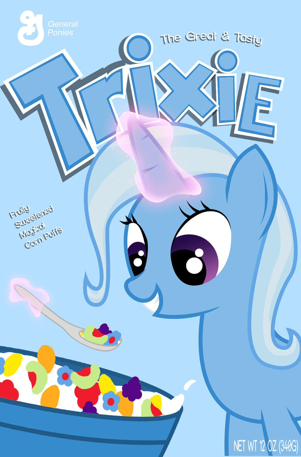 blue_body blue_hair bowl cereal english_text equine female feral friendship_is_magic hair horn horse long_hair mammal multi-colored_hair my_little_pony pony purple_eyes resistance-of-faith short_hair solo spoon text the_great_and_tasty topher trixie trixie_(mlp) unicorn