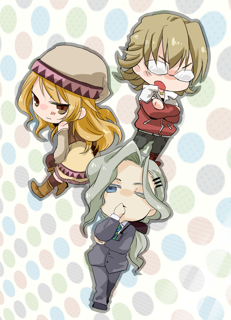 bad_id bad_pixiv_id barnaby_brooks_jr beanie blonde_hair blue_eyes boots bow brown_eyes brown_legwear chibi crossed_arms detached_sleeves formal glasses hair_bow hair_ornament hairclip hat karina_lyle long_hair mochi_mocchi multiple_boys necktie ponytail suit thighhighs tiger_&amp;_bunny wince yawning yuri_petrov