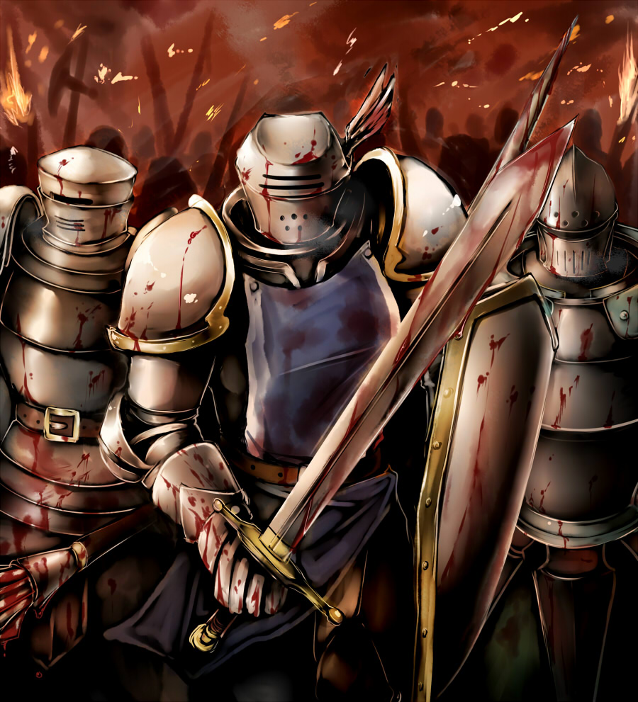 armor battle blood copyright_request fire gauntlets helmet kappamaru mace multiple_boys poleaxe shield sword weapon