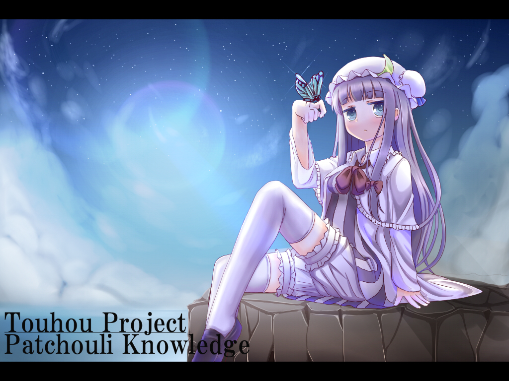bloomers blue_eyes blush bow bug butterfly character_name cloud copyright_name crescent dress godharo1 hat insect long_hair moon patchouli_knowledge purple_hair sitting sky solo thighhighs touhou underwear white_legwear