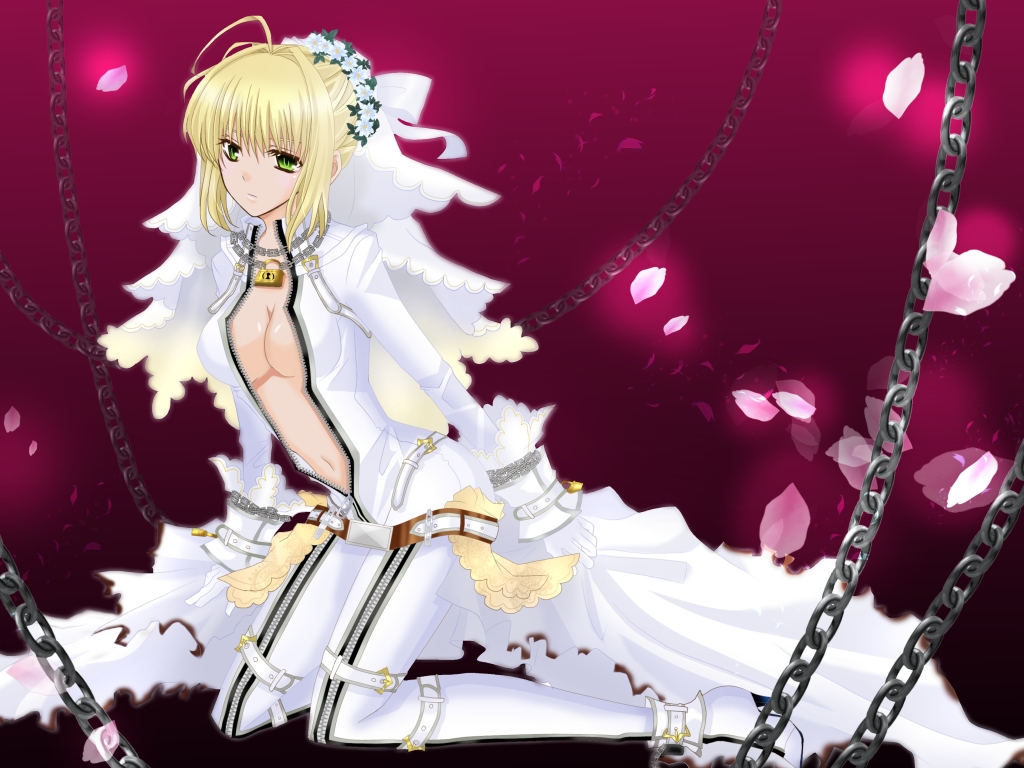 ahoge bad_id bad_pixiv_id blonde_hair bodysuit breasts center_opening chain cleavage fate/extra fate/extra_ccc fate_(series) flower gloves green_eyes head_wreath high_heels kneeling lock medium_breasts navel nero_claudius_(bride)_(fate) nero_claudius_(fate)_(all) petals s-ei shoes solo unzipped veil wrist_cuffs