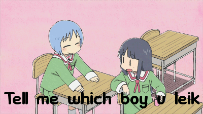 animated animated_gif artist_request black_hair blue_hair character_request english helvetica_standard lowres multiple_girls netspeak nichijou subtitled