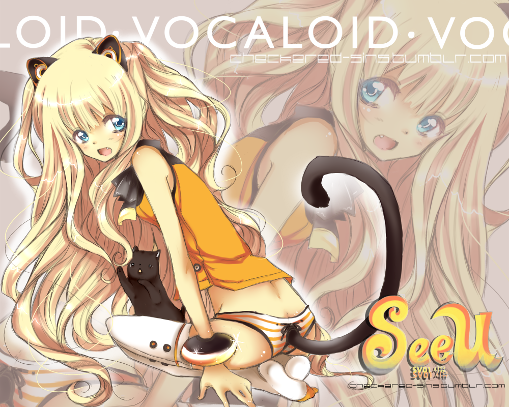 animal_ears bad_id bad_pixiv_id banned_artist blonde_hair blue_eyes cat cat_ears cat_tail long_hair looking_back mich_wing panties seeu sitting solo striped striped_panties tail underwear vocaloid