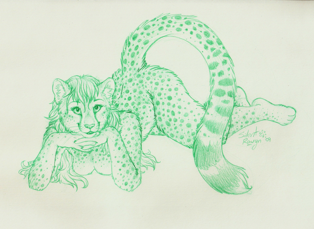 anthro ass_up black_lips black_nose breasts cheetah claws cute feline female green green_and_white green_and_white_theme hair mammal monochrome monotone nude on_stomach plain_background silentravyn sketch smile solo spots tiger whiskers white_background